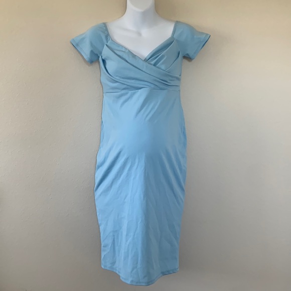 PinkBlush Light Blue Sweetheart Neckline Off Shoulder Maternity Fitted Dress - Picture 4 of 11